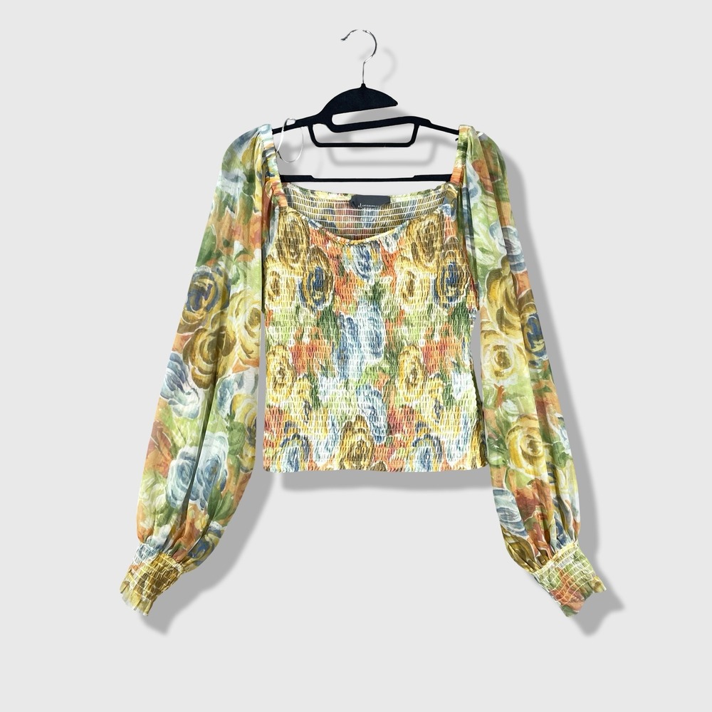 Anthropologie Smocked Floral Top Womens XS Multicolor Sheer Cottagecore Boho
